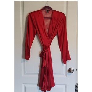 Victoria's Secret Red Lace Illusion Inlay Satin Robe Pockets Belt XS/S Honeymoon
